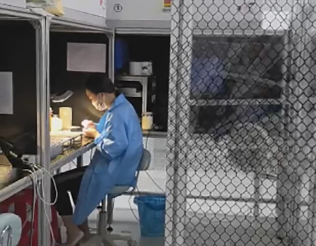Operator performing visual inspection near workshop equipment